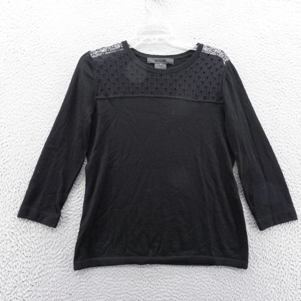 Miss Wu Lace Yoke Sweater Size L Black Pure Cashmere‎ Womens 3/4 Sleeve Top